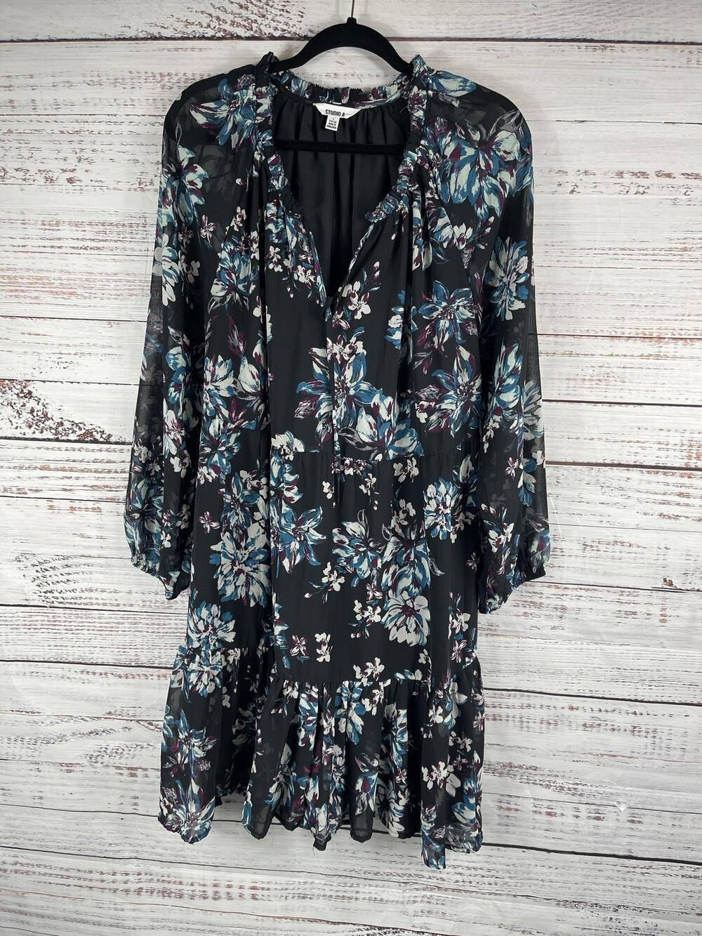 Studio A Dress Women's Size L Black Floral Tiered Long Sleeve Boho Sheer Ruffle